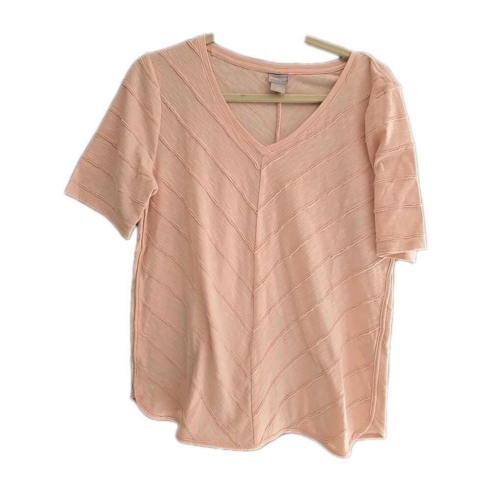 Chico's Peach V-Neck Textured Semi-Sheer Short Sleeve Casual Top Womans Size Lg
